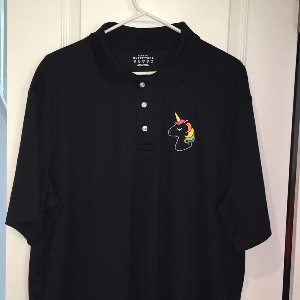 Black w/Rainbow Unicorn men’s polyester Brony fan Golf Polo Tennis shirt XL